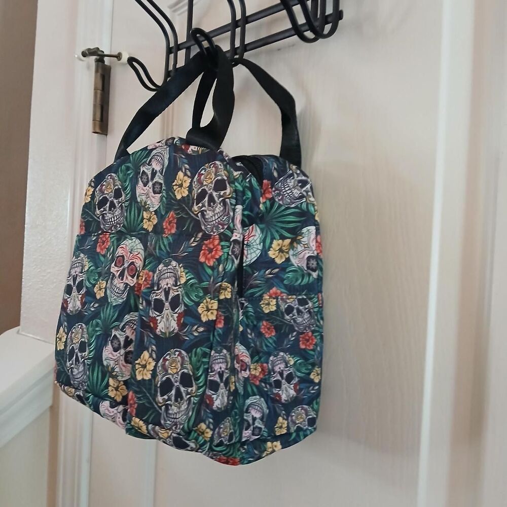 Vibrant All Over Print Sugar Skull Floral Tote Bag Insulated Lunch Box Goth Alt - Picture 3 of 6